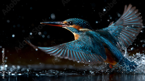 A kingfisher bird flying low over water with wings spread and water splashing around it in the dark