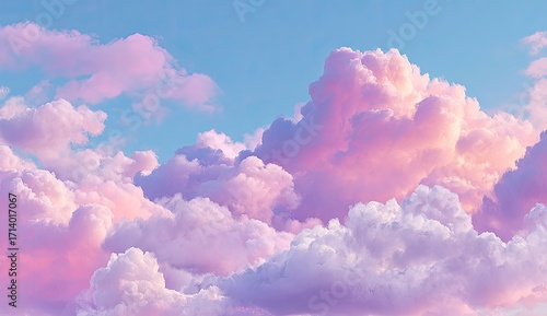 Pastel cloudscape.  Soft pink and purple clouds fill a vast blue sky