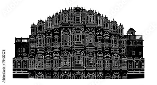 Detailed black and white illustration of the Hawa Mahal, the famous Palace of Winds landmark in Jaipur, India, isolated on a white background