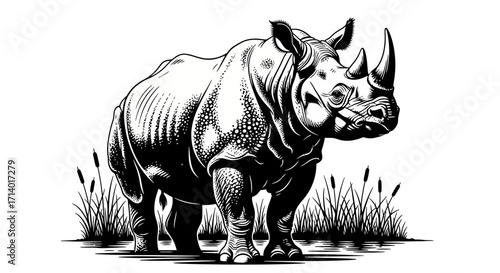 Striking monochrome illustration of a powerful rhinoceros, embodying strength and resilience, depicted in an intricate woodcut-style artwork