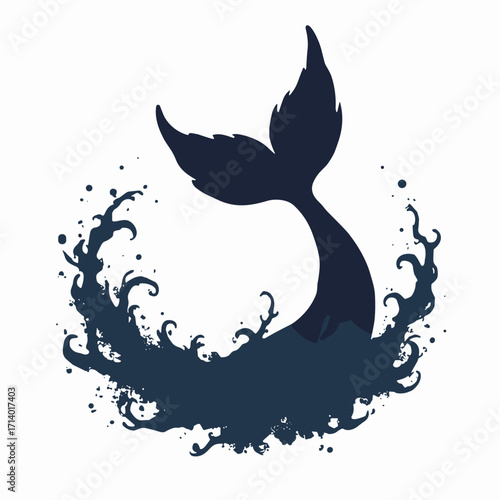 Black silhouette of a mermaid tail fin emerging from stylized wave line, plain white background