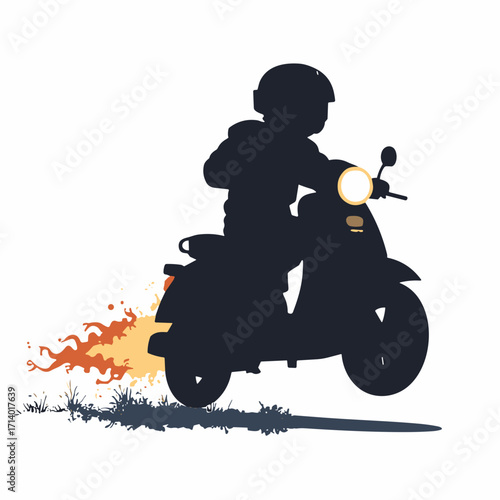 Black silhouette of a little rocket-powered scooter with flame trail and round headlamp, plain white background