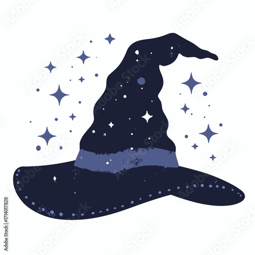 Black silhouette of a small wizard hat with stitched brim and floating sparkles, plain white background
