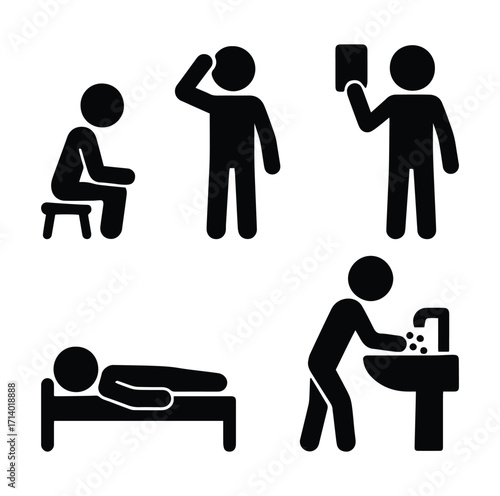 Stickman relaxing in a rest room, icon set, stick figure people, isolated silhouettes, hotel