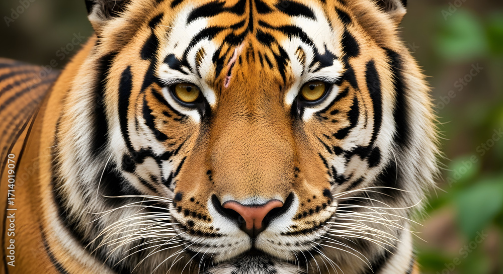 Fototapeta premium 威厳ある虎の顔のクローズアップ:力強い目と鮮やかな縞模様の野生動物ポートレート