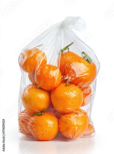 Clear plastic bag filled with several fresh tangerines