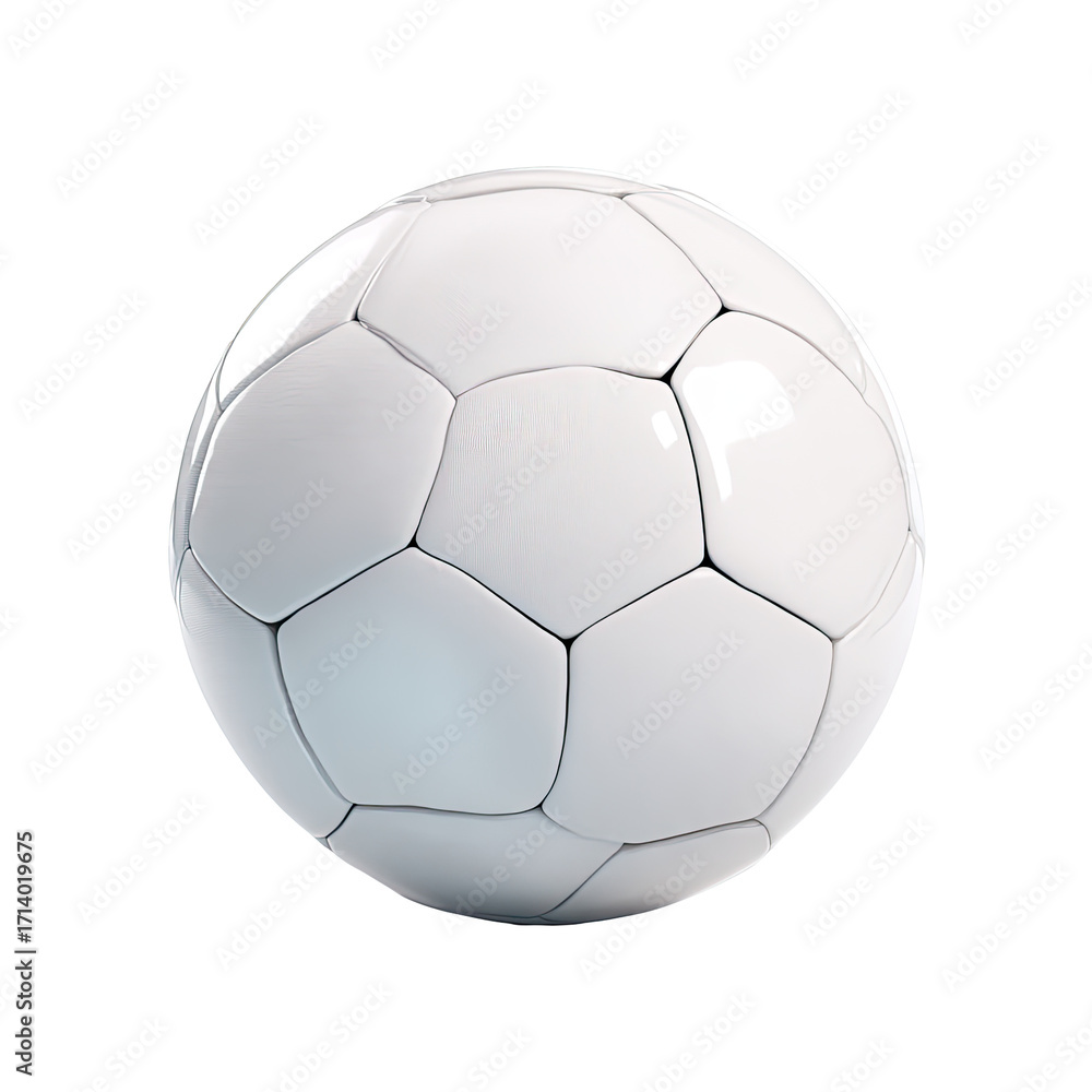 Fototapeta premium A pristine white soccer ball, gleaming with a polished, almost reflective surface, against a stark black background. Its classic pentagonal and hexagonal panel design is clearly visible