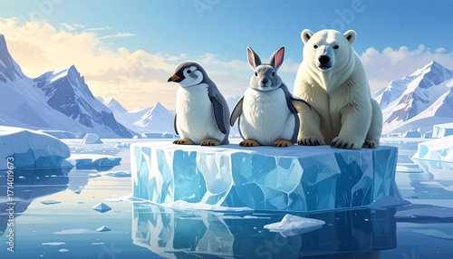 Arctic animals rest on a large ice floe amidst a serene, snowy landscape.