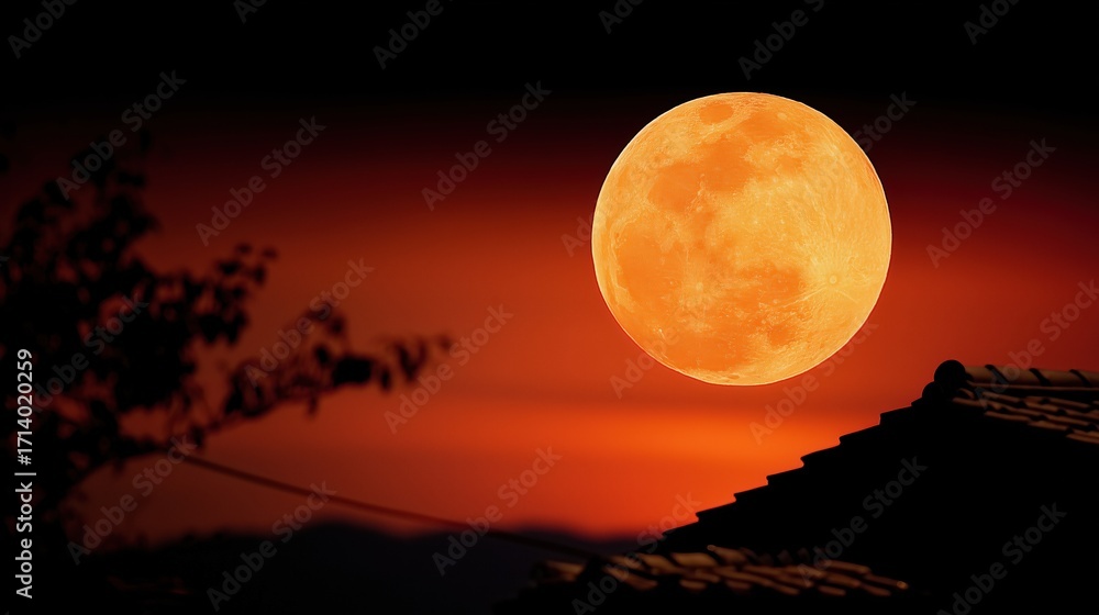 Fototapeta premium Full Moon in Night Sky with Silhouette of Traditional Chinese Rooftops, Festive Mid-Autumn Festival Scene with Poetic Atmosphere, Ideal for Holiday Advertising and Cultural Celebrations 