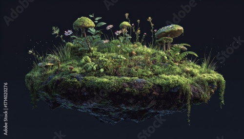 Floating island of lush green moss, mushrooms, and wildflowers
