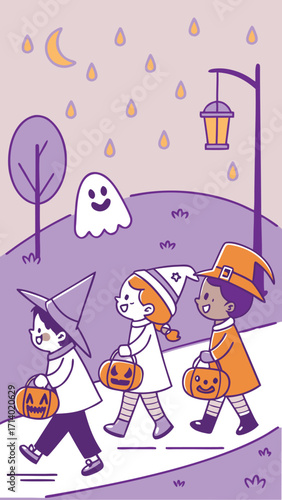 Colorful Halloween poster with happy kids wearing costumes (witch, ghost, vampire, pumpkin), holding candy buckets, walking on a street with lanterns and candy raining from the sky, pastel purple and 
