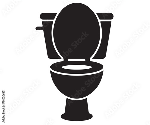 Black silhouette of toilet icon with open lid isolated on white background, minimalist vector illustration representing bathroom fixture, restroom, sanitation, hygiene, plumbing, water closet, and hou