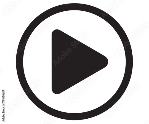 Black silhouette of play button icon inside circle isolated on white background, minimalist vector illustration representing media control, video, audio, start, entertainment, streaming, and digital t
