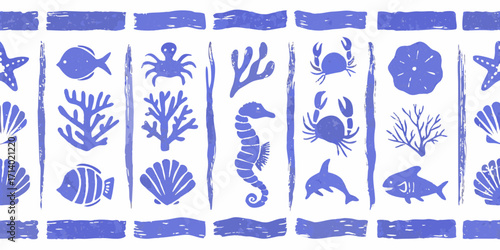 Charming blue sea life pattern with starfish fish crabs seahorse shells coral and sand dollar