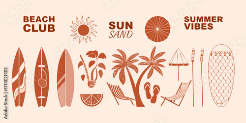 Collection of stylized beach and summer icons with text for beach club and summer vibes