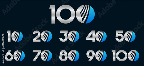 Set of collection numbers 10 to 100 with global finance element vector illustration. Global finance element with numbers 10, 20, 30, 40, 50, 60, 70, 80, 90, 100 for greetings, anniversary and more.