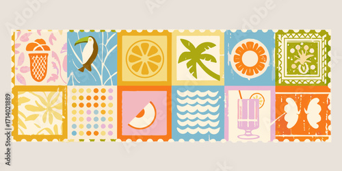 Retro summer stamp collection featuring tropical fruits palm trees and beach elements