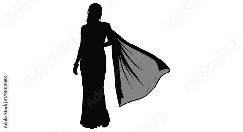 Elegant woman in traditional sari silhouette against a plain white background