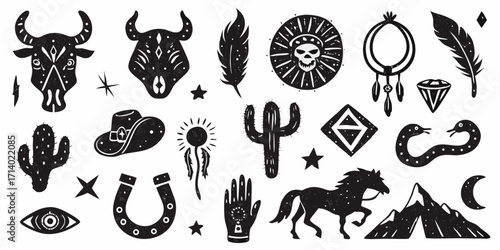 Wild west cowboy desert boho style icons collection with bull cactus horse snake and skull