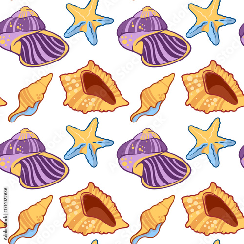 Colorful seamless pattern with seashells and starfish. Decorative marine background perfect for summer design, beach holiday theme, textile, wrapping paper, wallpaper, and nautical projects.