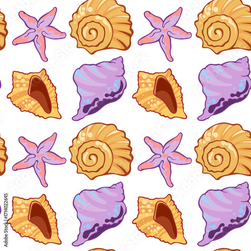 Seamless pattern with seashells and starfish, marine summer background. Colorful seamless pattern with seashells and starfish.