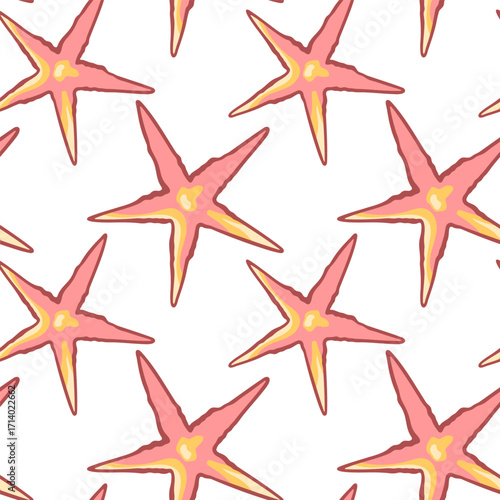 Colorful seamless pattern with pink starfish. Decorative marine background perfect for summer design, beach holiday theme, textile, wrapping paper, wallpaper, and nautical projects.