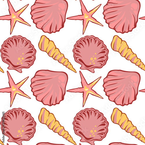 Seamless pattern with seashells and starfish, marine summer background. Colorful seamless pattern with seashells and starfish in pink colors.