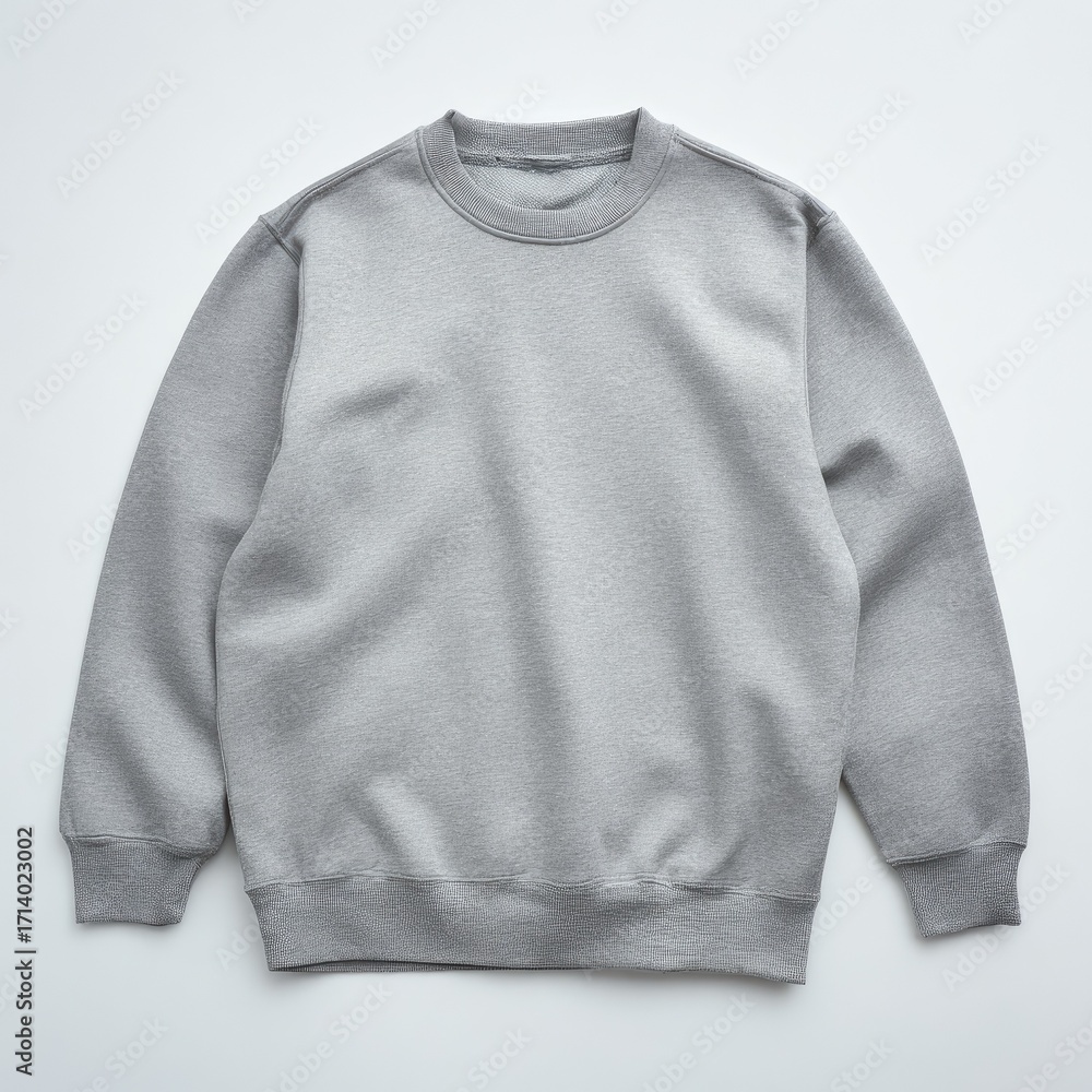 Fototapeta premium A light gray, plain, crew-neck sweatshirt laid flat on a white surface