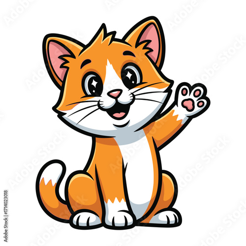 Cheerful Kitten’s Friendly Greeting: Captivating illustration of a playful orange kitten with a friendly gesture, its eyes sparkling with warmth and an inviting wave.