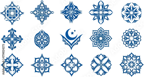 Vector art of collection of blue islamic geometric patterns and motifs