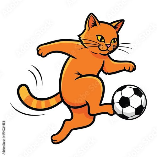 Soccer Cat's Game: A spirited orange cat, kicking a soccer ball with focused determination, showcasing playful athleticism in vibrant illustration.