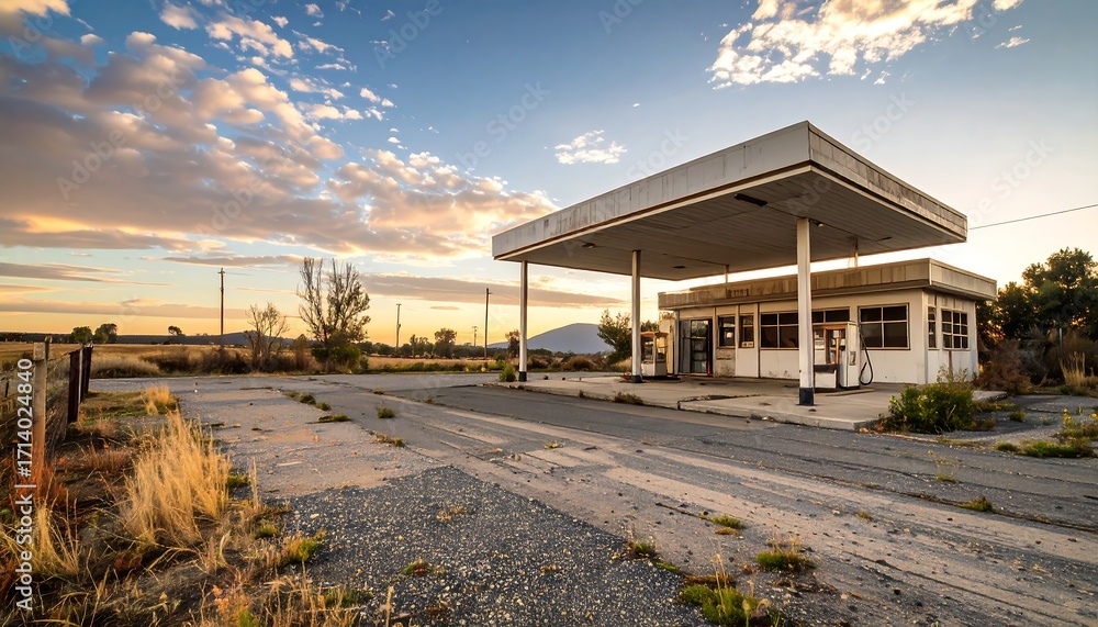 Obraz premium Abandoned gas station at sunset