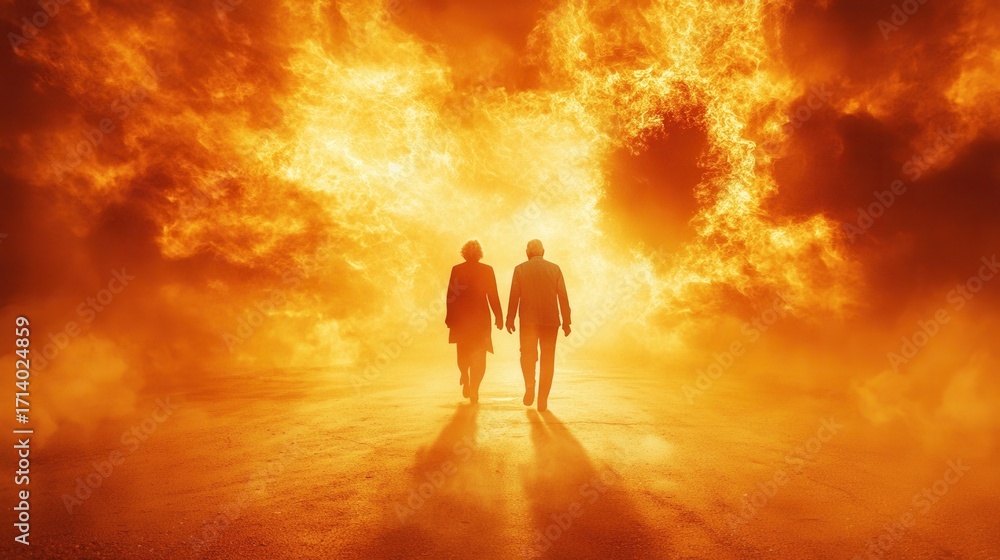 Fototapeta premium Elderly couple walking on empty hot city street during summer heat wave showing health risk and climate impact