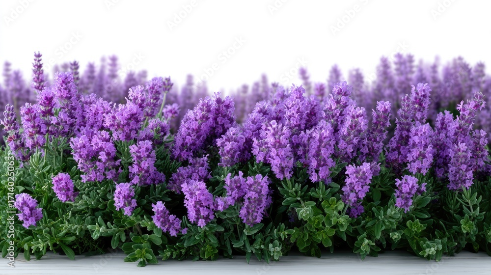 Naklejka premium Isolated Lavender Flowers on White Background with Green Leaves and Purple Blossoms in Bright Studio Lighting