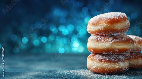 Delicious stack of sugared donuts against a blurred blue background.
