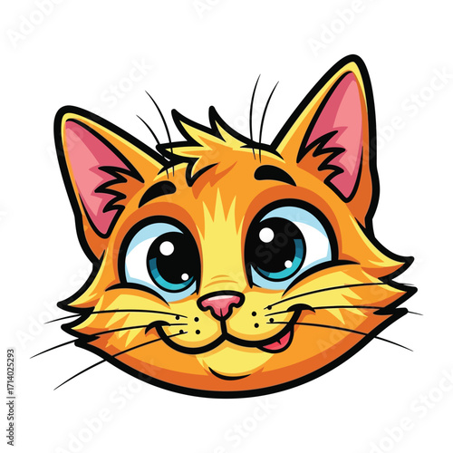 Playful Orange Cat Portrait: A vibrant cartoon illustration of a cheerful orange cat's head, its big, blue eyes twinkling with mischief and a playful expression.