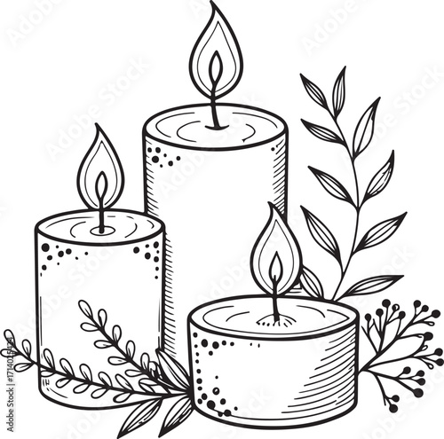 SPA Aroma Candles for Aromatherapy Hand-drawn Sketch Drawing Engraving Black and White Vector Illustration Line Linear Art Outlined