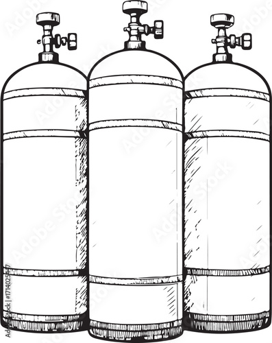 Compressed Gas Cylinders Hand-drawn Sketch Drawing Engraving Black and White Vector Illustration Line Linear Art Outlined