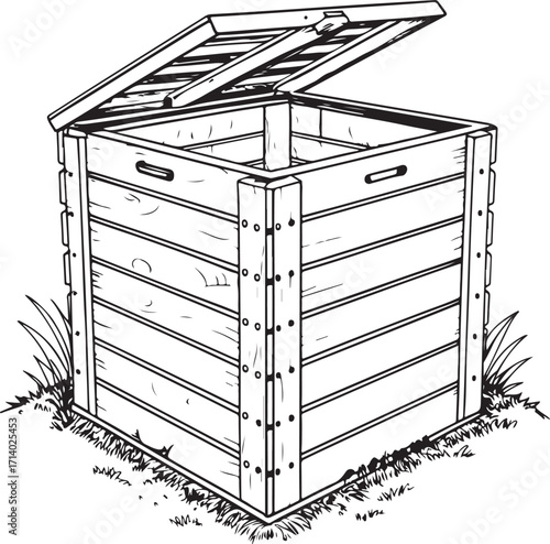 Compost bin and Composting Eco Living Hand-drawn Sketch Drawing Engraving Black and White Vector Illustration Line Linear Art Outlined