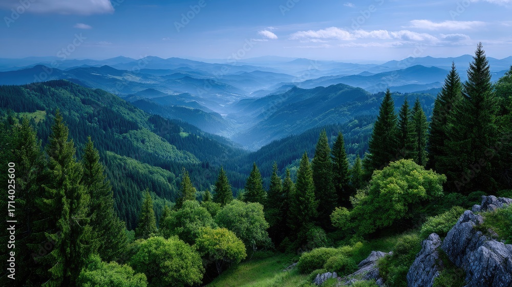 Fototapeta premium Layers of Emerald Green Mountain Range Under a Blue Sky and Misty Valley