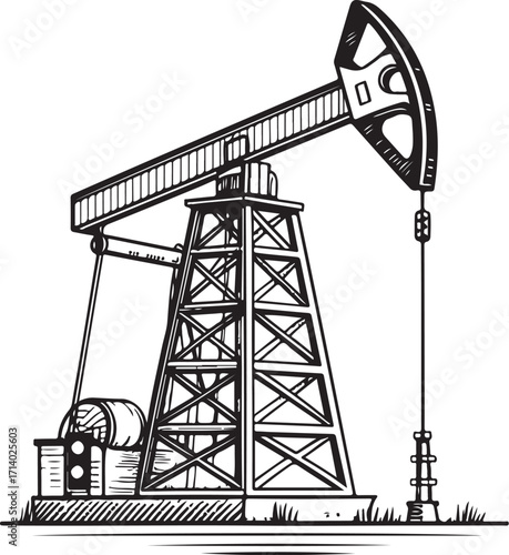 Oil derrick Hand-drawn Sketch Drawing Engraving Black and White Vector Illustration Line Linear Art Outlined