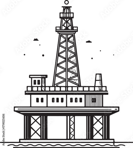 Oil rig Hand-drawn Sketch Drawing Engraving Black and White Vector Illustration Line Linear Art Outlined