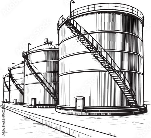 Oil storage tanks Hand-drawn Sketch Drawing Engraving Black and White Vector Illustration Line Linear Art Outlined