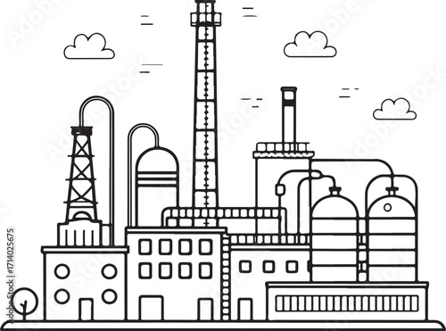 Oil and Gas Refinery industrial complex Hand-drawn Sketch Drawing Engraving Black and White Vector Illustration Line Linear Art Outlined