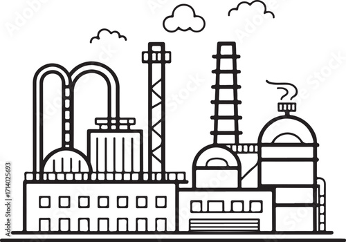 Oil Refinery plant Hand-drawn Sketch Drawing Engraving Black and White Vector Illustration Line Linear Art Outlined
