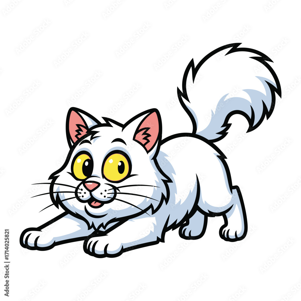 Obraz premium Playful Kitten: A charming cartoon depiction of a white kitten, full of curiosity and playful energy.