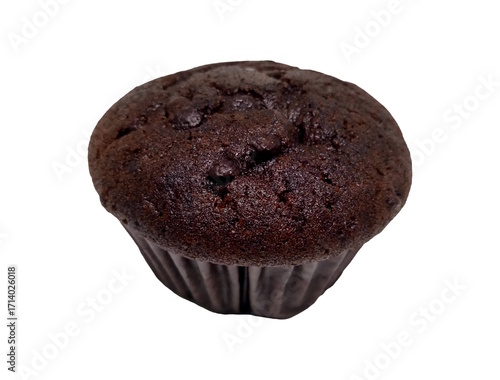 A rich chocolate muffin with a domed top and visible chips, wrapped in a dark liner, on a white background—simple, bold, and delicious-looking.