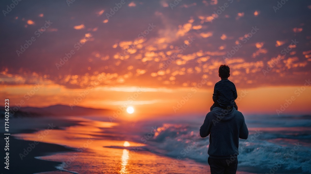 Fototapeta premium Father carrying son on shoulders enjoying sunset beach
