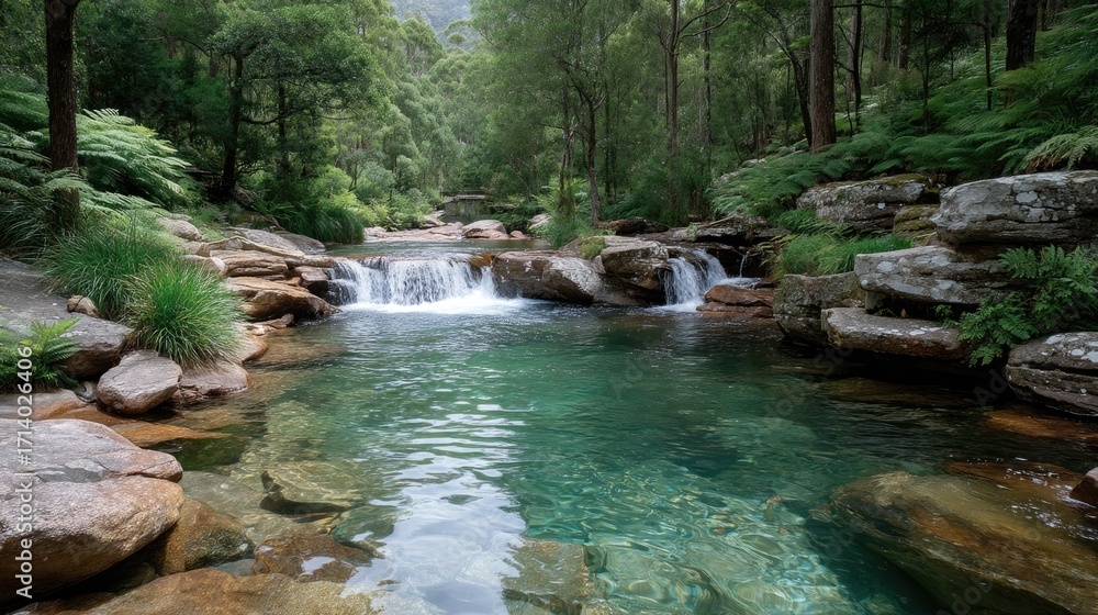Naklejka premium Layers of Falling Water Cutting Through Untouched Forest Greenery and Rocks with Clear Water Reflection in an Outdoor Setting