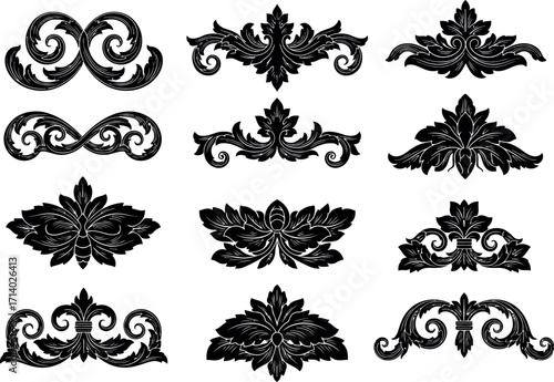 Vector art of set of twelve symmetrical black ornamental crests and borders